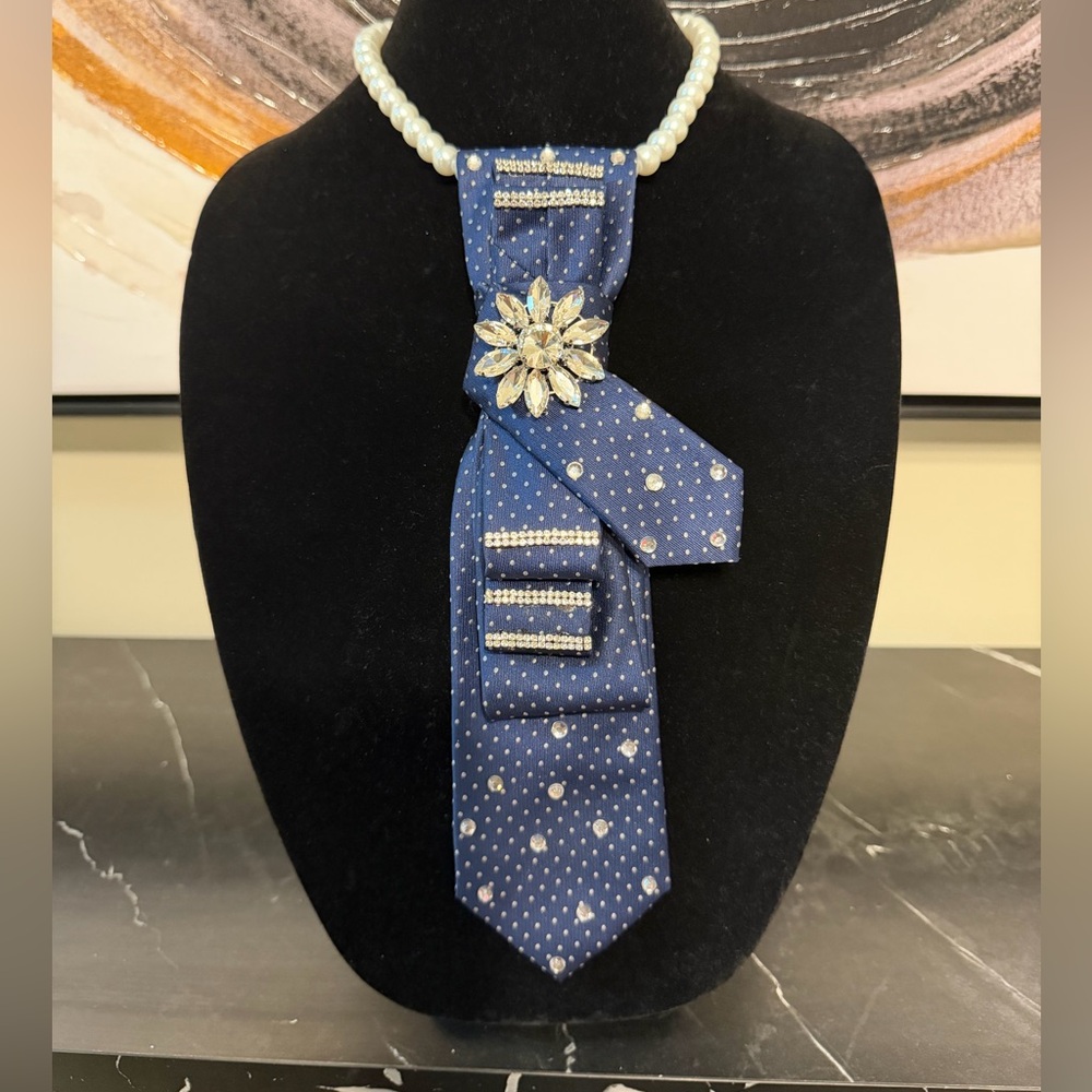 Blue Polka Dot Tie with Pearl Necklace